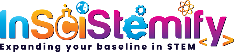 Logo for "InSciStemify" with science-related icons as letters, celebrating Black Business Month this August, and the tagline "Expanding your baseline in STEM" below in bold text.
