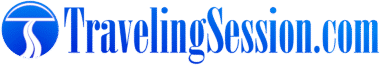 Logo for TravelingSession.com featuring a blue symbol on the left and the website name in blue text on a white background, perfect for highlighting Black Business Month events this August.